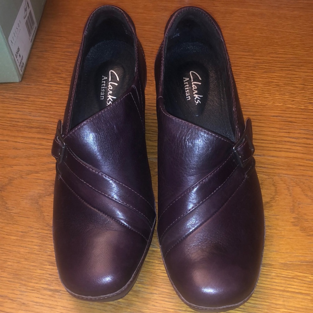 Clark’s Burgandy Heeled Mules